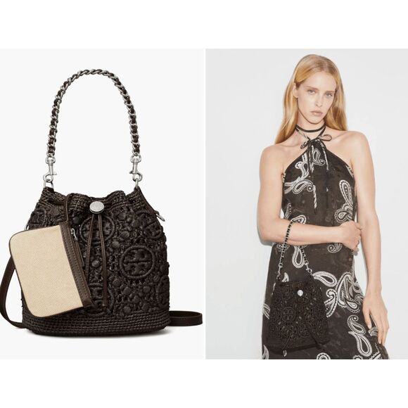 Tory Burch T MONOGRAM RAFFIA BUCKET BAG $630 - Picture 2 of 12